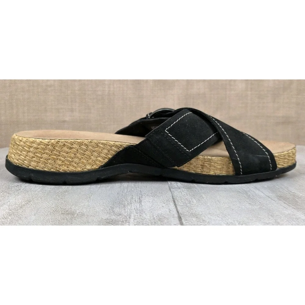 Clarks Reileigh May Black Nubuck Leather‎ Adjustable Slides Sandals Women's 9M